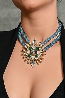 Gold Finish Blue Beaded Necklace