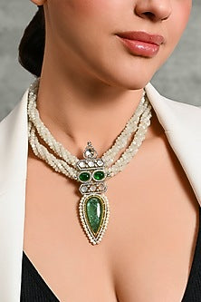 Gold Finish Green Beaded Necklace