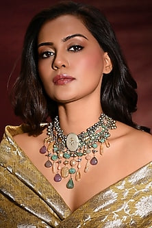 Gold Finish Multi-Colored Stone Necklace
