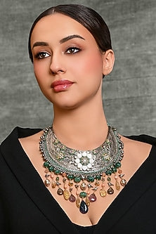 Gold Finish Multi-Colored Stone Necklace