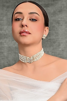 Gold Finish Green Beaded Choker Necklace Set