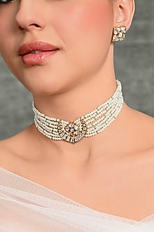 Gold Finish Green Beaded Choker Necklace Set