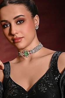 Gold Finish Green Beaded Choker Necklace Set
