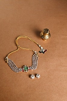 Gold Finish Green Beaded Choker Necklace Set