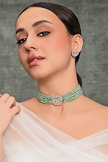Gold Finish Green Stone Choker Necklace Set