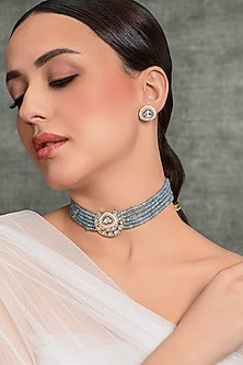 Gold Finish Blue Stone Choker Necklace Set