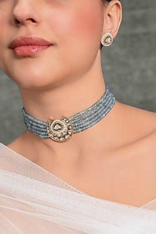 Gold Finish Blue Stone Choker Necklace Set
