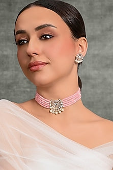 Gold Finish Pink Beaded Choker Necklace Set