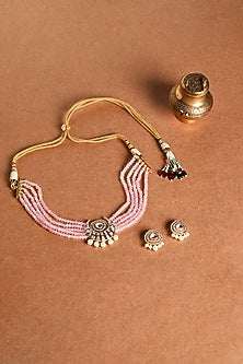 Gold Finish Pink Beaded Choker Necklace Set