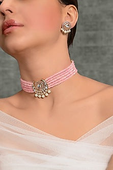 Gold Finish Pink Beaded Choker Necklace Set