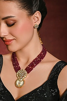 Gold Finish Red Stone Necklace Set