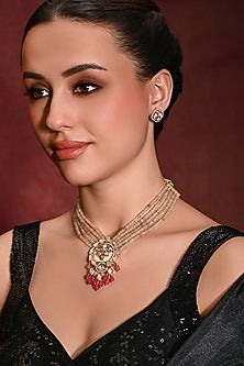 Gold Finish Pink Stone Necklace Set