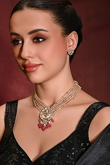 Gold Finish Pink Stone Necklace Set