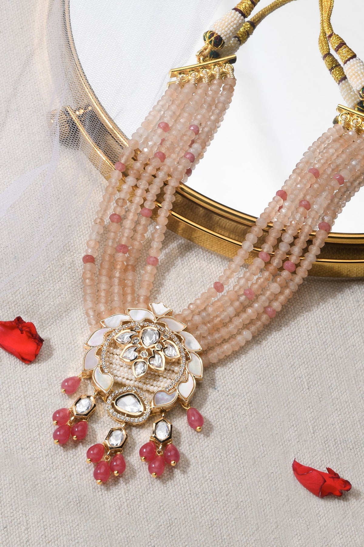 Gold Finish Pink Stone Necklace Set