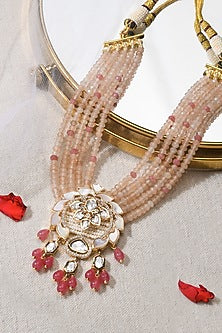 Gold Finish Pink Stone Necklace Set