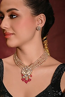 Gold Finish Pink Stone Necklace Set
