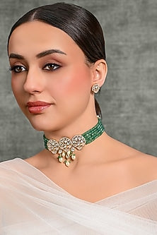 Gold Finish Green Stone Choker Necklace Set
