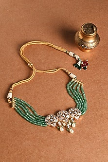 Gold Finish Green Stone Choker Necklace Set