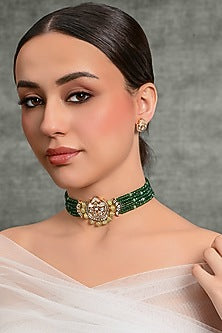 Gold Finish Green Stone Choker Necklace Set