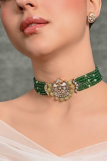 Gold Finish Green Stone Choker Necklace Set