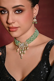 Gold Finish Green Stone Choker Necklace Set