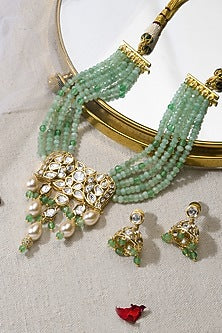 Gold Finish Green Stone Choker Necklace Set