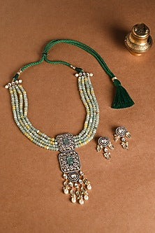 Gold Finish Green Stone Necklace Set