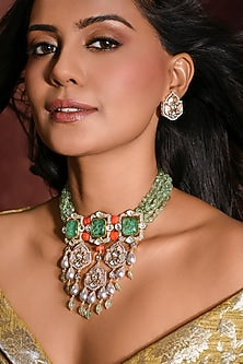 Gold Finish Multi-Colored Stone Choker Necklace Set