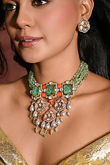Gold Finish Multi-Colored Stone Choker Necklace Set