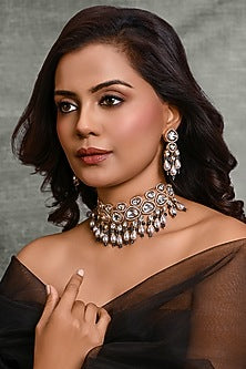 Gold Finish Multi-Colored Stone Choker Necklace Set