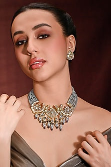 Gold Finish Green Stone Choker Necklace Set