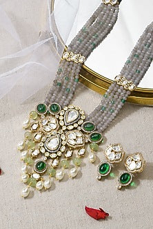 Gold Finish Grey Stone Necklace Set