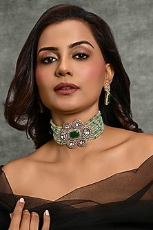 Gold Finish Green Stone Choker Necklace Set