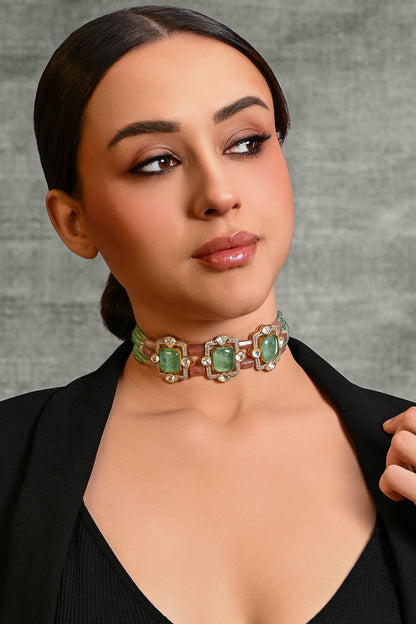 Gold Finish Multi-Colored Stone Choker Necklace