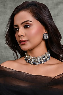 Gold Finish Blue Stone Choker Necklace Set