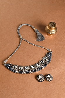 Gold Finish Blue Stone Choker Necklace Set
