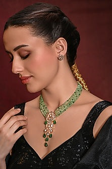 Gold Finish Green Stone Choker Necklace Set
