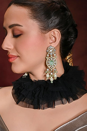 Gold Finish Green Stone Dangler Earrings