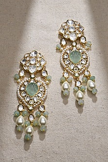 Gold Finish Green Stone Dangler Earrings