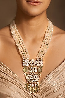Yellow Gold Finish Green & Off-White Stone Necklace
