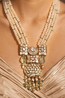 Yellow Gold Finish Green & Off-White Stone Necklace