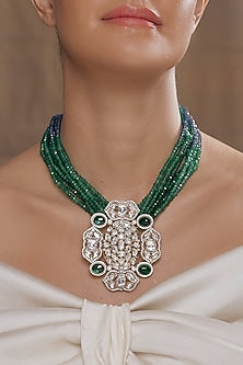 Gold Finish Blue & Dark Green Beaded Pendant Chain Necklace