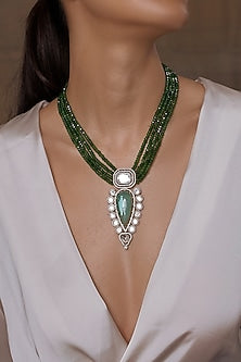 Gold Finish Kundan Polki & Deep Green Stone Necklace