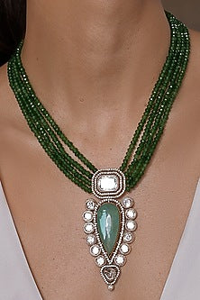 Gold Finish Kundan Polki & Deep Green Stone Necklace