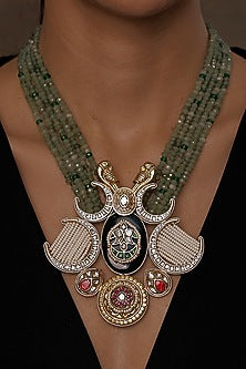 Gold Finish Multi-Colored Pearl & Beaded Pendant Necklace