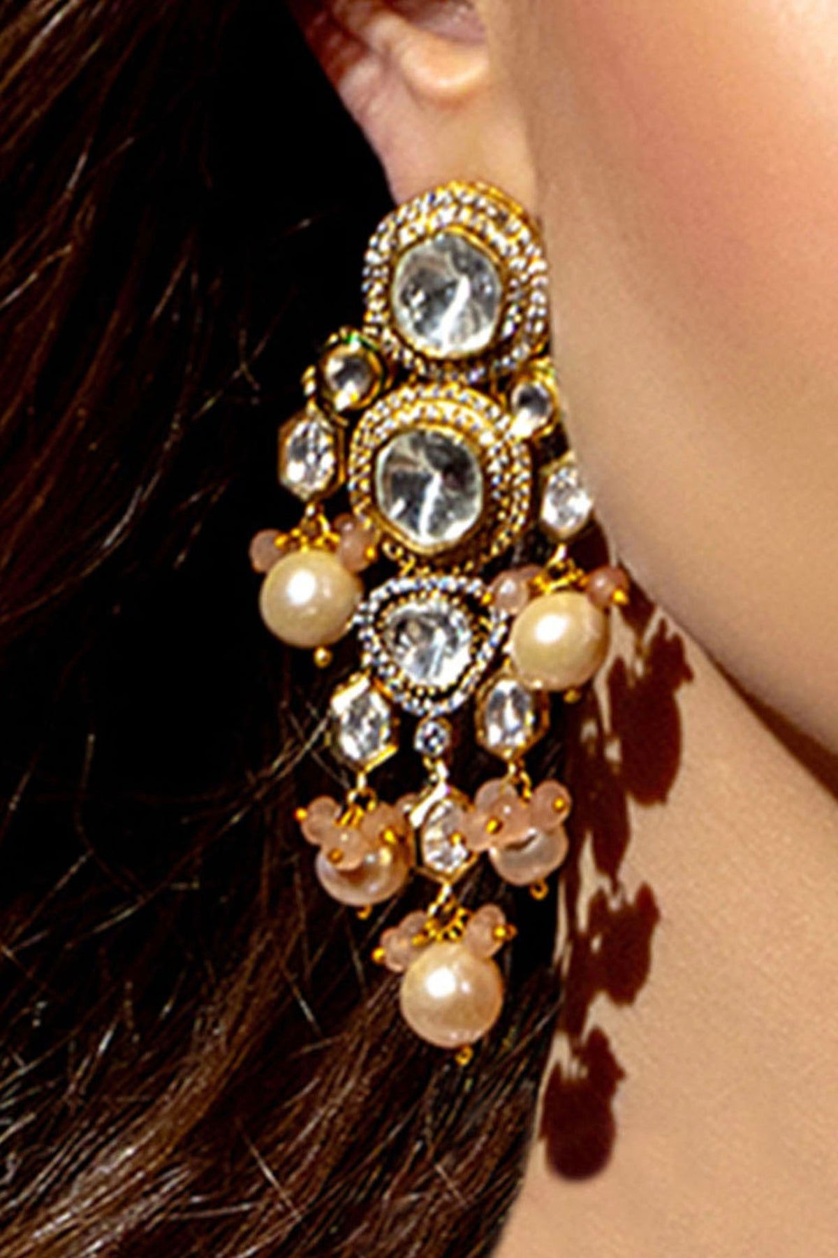Gold Plated Hydro Polki Stone & Agate Beaded Earrings