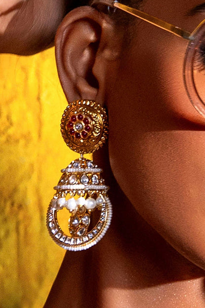 Gold Plated Hydro Polki & Ruby Stone Earrings