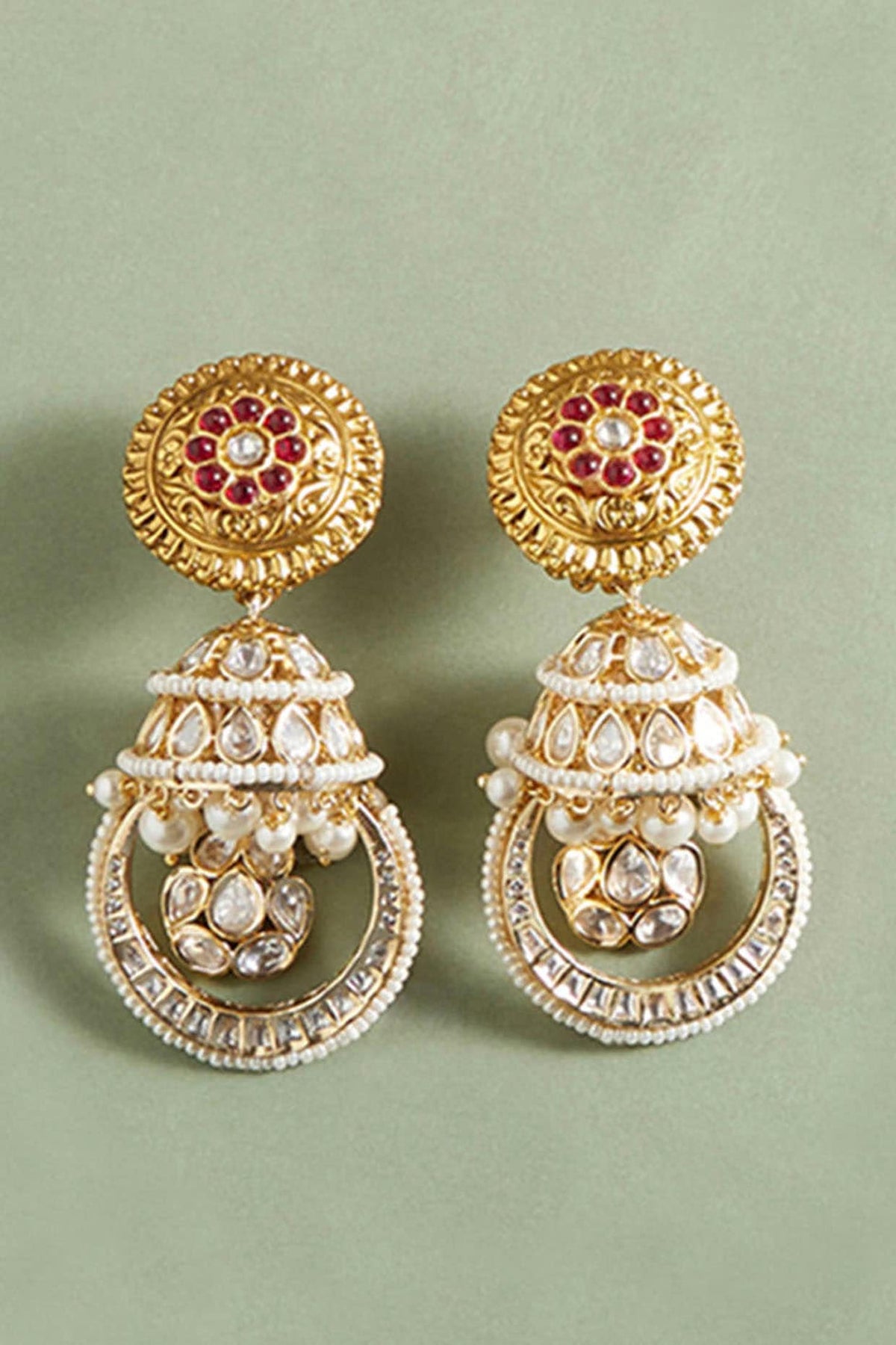 Gold Plated Hydro Polki & Ruby Stone Earrings
