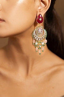 Yellow Gold Finish Pink & Red Stone Earrings
