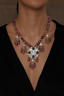 Gold Finish Mosaic Stone Long Necklace